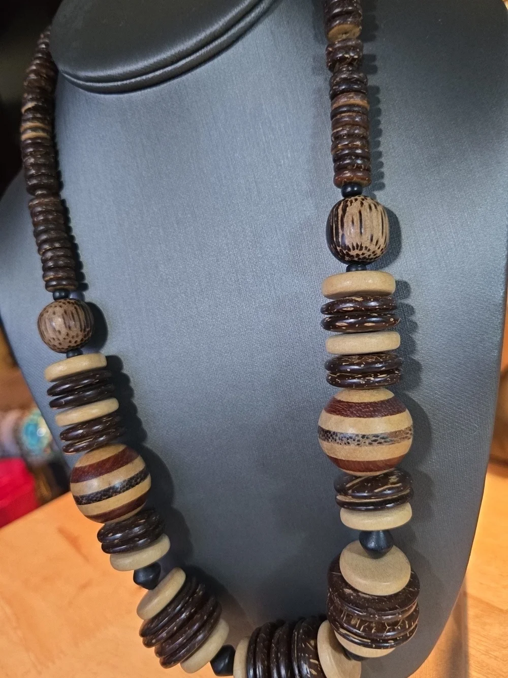 Handcrafted Wooden Bead Statement Necklace - Brown & Natural